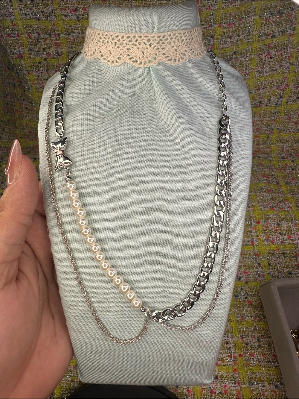 A great Multi-Strand Silver & Pearl Layered Necklace - Women Jewelry